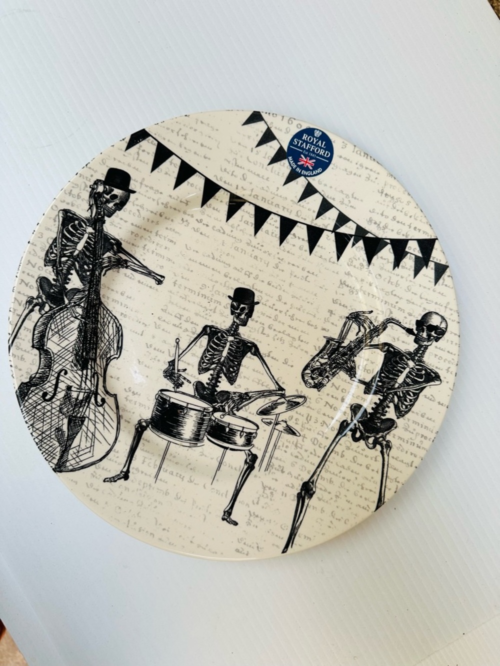 NWT Royal Stafford Skeleton Band Porcelain Dinner Plate Halloween, 11”